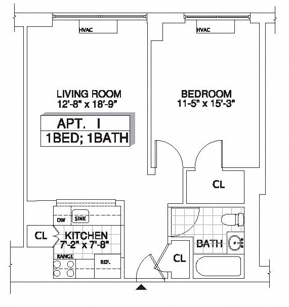 Floor plan for 1 bed, 1 bath, 689 sqft